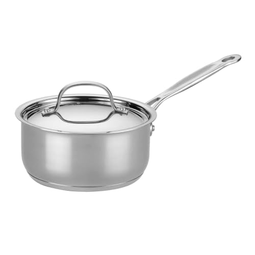 Cuisinart 1.5 Quart Sauce Pan with Cover, Stainless Steel Pot with Lid, Small Kitchen Pots, Dishwasher Safe, Compatible with Induction, Electric, Gas Cooktops, Oven Safe Saucepan, Cool Grip Handles