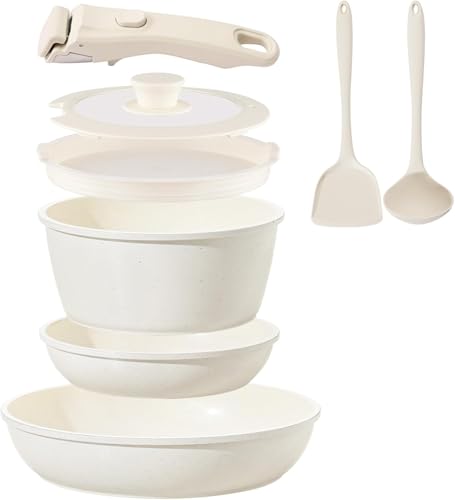 Ceramic Cookware Set Non Stick 8Pcs Pots and Pans Set Detachable Handle Induction Kitchen Cooking Set with Frying Pans Oven Dishwasher Safe, PFAS/PFOA Free, Cream White — Manufacturer product photo