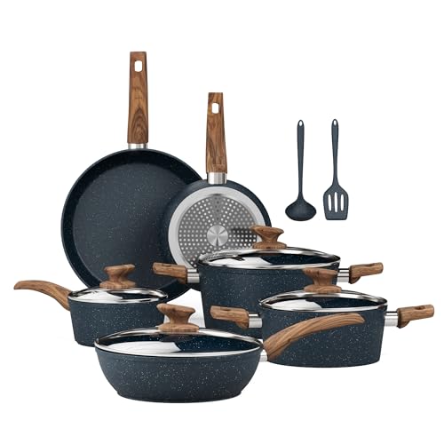 Kitchen Academy Blue Pots and Pans Set Non Stick, 12Pcs Induction Cookware