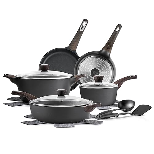 SENSARTE Pots and Pans Set Non stick, Non toxic Healthy Induction Cookware Sets, 14 Pcs Non Stick Kitchen Cooking Set with Frying Pans Set & Saucepan, PFOA PFOS Free, Black