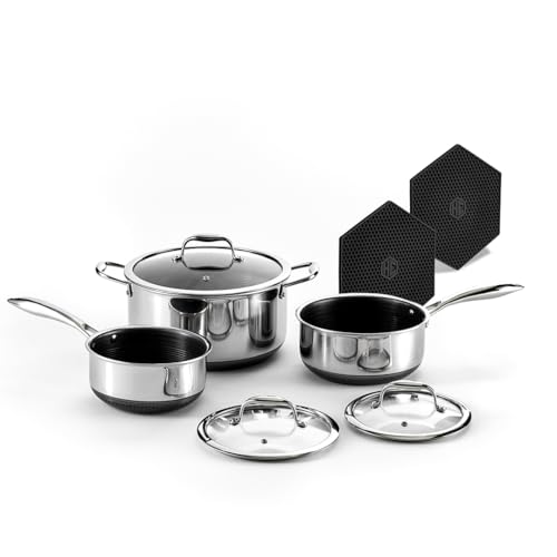 HexClad Hybrid Nonstick 6 Pc Pot Set & Trivets, 2, 3, and 8-Qt Pots & Lids | Stay-Cool Handles, Dishwasher and Oven Safe, Compatible with All Cooktops, Induction REady
