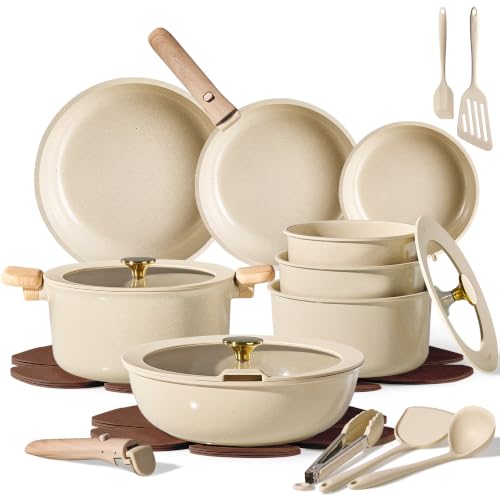 CAROTE 25pcs Ceramic Cookware Set, Pots and Pans Set with Detachable Handle