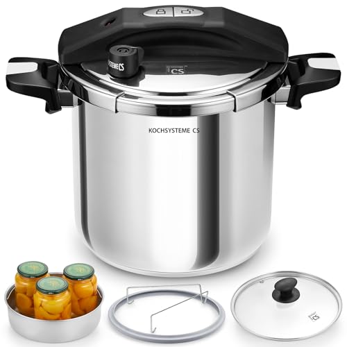 KOCH SYSTEME CS Stainless Steel Pressure Cooker 10.5 Quart, 3-in-1 Olla de Presion, One-Hand Locking, 3 PSI Settings Stovetop Pressure Pot, Induction Pressure Cooker, Glass Lid & Steamer, 10.5QT