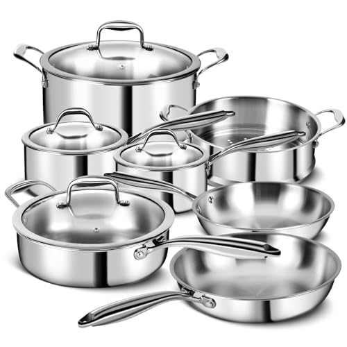 EWFEN 3 Ply Stainless Steel 11-Piece Cookware Set with Lids, Pots and Pans Kitchen Set, Non-Toxic, Induction, Oven, Dishwasher Safe, Professional Chef Quality
