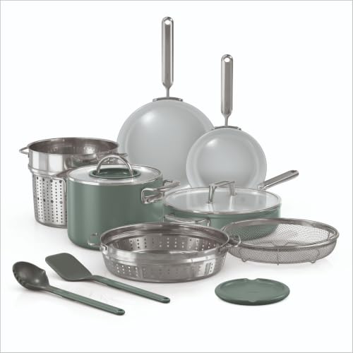 Ninja NeverQuit 12-Piece Ceramic Cookware Set, Forest Sage, CQ19012GN6 | Nontoxic¹, nonstick ceramic-coated cookware set; Fry pans, saucepans, glass lids, easy storage, 3-year guarantee
