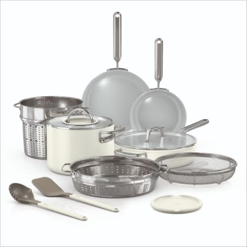 Ninja NeverQuit 12-Piece Ceramic Cookware Set, Bone & Silver, CQ19012IV2 | Nontoxic¹, nonstick ceramic-coated cookware set; Fry pans, saucepans, glass lids, easy storage, 3-year guarantee
