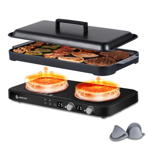AMZCHEF Double Induction Cooktop with Removable Griddle Pan Non-stick,Black