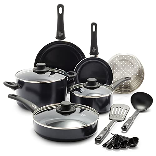 GreenLife Soft Grip Healthy Ceramic Nonstick 12 Piece Kitchen Cookware Pots and Frying Sauce Saute Pans Set, PFAS-Free with Kitchen Utensils and Lid, Dishwasher Safe, Black