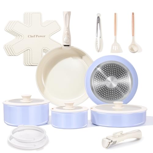 Chef Power Ceramic Nonstick Pots and Pans Set 19 Piece with Detachable Handle, Induction Dishwasher Oven Safe Cookware Set, RV Kitchen Set Removable Handle (Light Purple)