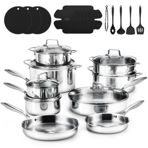 CAROTE 30 PCS Tri-Ply Stainless Steel Cookware Set, Pots and Pans Set, Non Toxic Induction Kitchen Cooking Sets, Cookware Collection, Silver