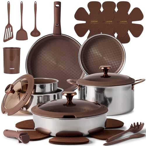 CAROTE 22pcs Hybrid Nonstick Pots and Pans Set, Stainless Steel Cookware Set with Honeycomb Titanium Interior, Induction Safe, Oven Safe, Brown (PFOS, PFOA Free)
