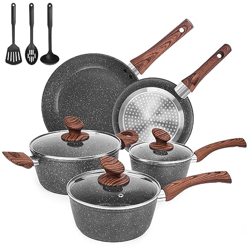 M MELENTA Pots and Pans Set Non Stick, 11-Piece Grey Granite Cookware Set