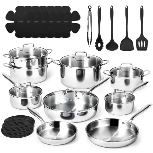 CAROTE 30 PCS Tri-Ply Stainless Steel Cookware Set, Pots and Pans Set, Non Toxic Induction Kitchen Cooking Sets, Cookware Collection, Silver