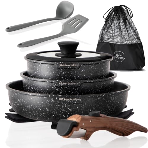 Kitchen Academy Removable Handle Induction Pots and Pans Set - 10 Piece Non-stick Cookware Sets, Black Granite Stackable RV Cookware for Camp